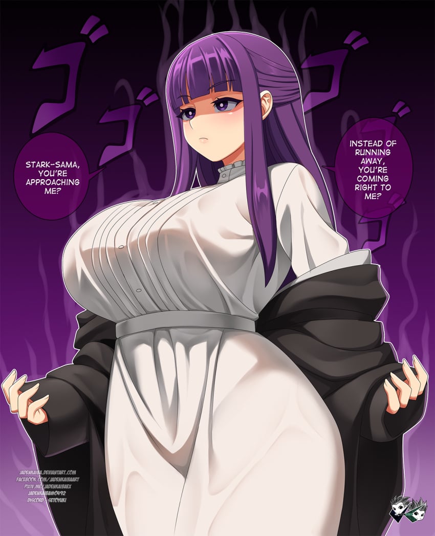 1girls big_breasts blunt_bangs breasts breasts_bigger_than_head busty dress fern_(sousou_no_frieren) highres hourglass_figure huge_breasts jadenkaiba jojo's_bizarre_adventure jojo_reference large_breasts meme oh_you're_approaching_me parody purple_hair reference sagging_breasts solo sousou_no_frieren speech_bubble stardust_crusaders text venus_body voluptuous voluptuous_female wide_hips