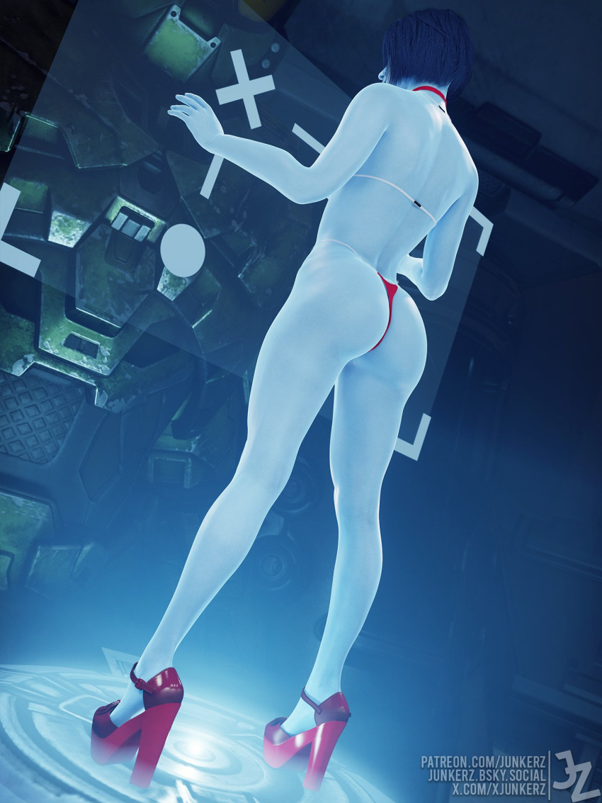 3d 3d_(artwork) ass ass_focus big_ass big_butt bikini bikini_bottom bikini_top blender blender_(software) blue_body blue_hair blue_skin bob_cut facing_away female halo_(series) high_heels high_resolution highres junkerz low-angle_view master_chief the_weapon_(halo_infinite) video_games