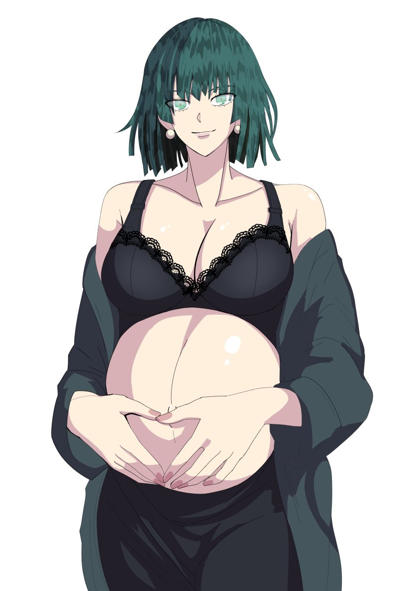 1girls belly big_belly big_breasts bra breasts cleavage female fubuki_(one-punch_man) green_hair huge_breasts one-punch_man pregnant solo yuhacyan yuhancyan