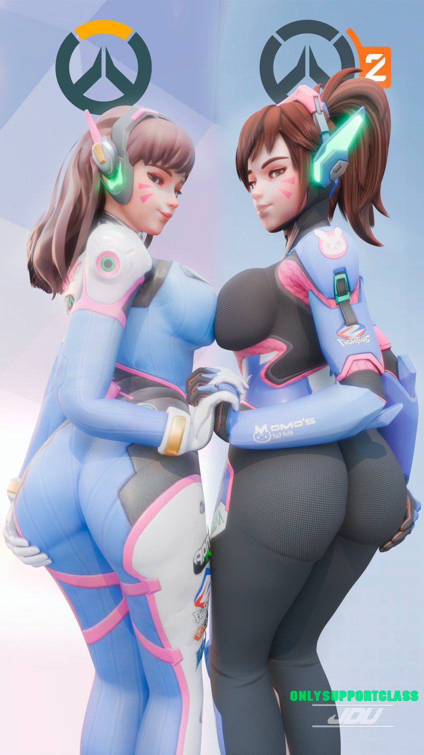 2girls 3d absurd_res absurdres ass big_ass big_breasts black_bodysuit blue_bodysuit bodysuit breast_to_breast breasts brown_eyes brown_hair clothing d.va female female_only hair hand_holding hand_on_ass headwear high_resolution highres holding_hands huge_ass jdv legs lips long_hair looking_back overwatch overwatch_2 ponytail seductive seductive_look take_your_pick thighs