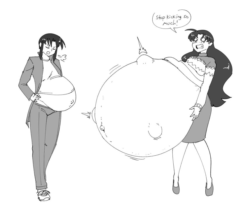 2girls about_to_burst angry_expression azumanga_daiou big_breasts clothed cross-crescent dialogue fetal_movement hyper hyper_belly hyper_pregnancy nyamo_minamo_kurosawa pregnant ready_to_pop teacher white_background yukari_tanizaki