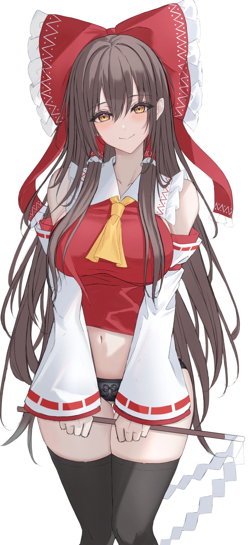 7saki absurdres bare_shoulders brown_hair detached_sleeves female hakurei_reimu highres long_hair panties red_eyes reimu_hakurei simple_background smile solo standing touhou underwear