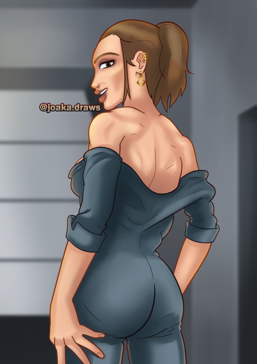 1girls 2d 2d_(artwork) ass digital_drawing_(artwork) digital_media_(artwork) female female_focus female_only joakadraws light-skinned_female light_skin long_hair looking_at_viewer looking_back pose posing presenting presenting_ass russian russian_girl smile smiling solo solo_focus standing suit summertime_saga svetlana_(summertime_saga) tease teasing teasing_viewer thick_thighs