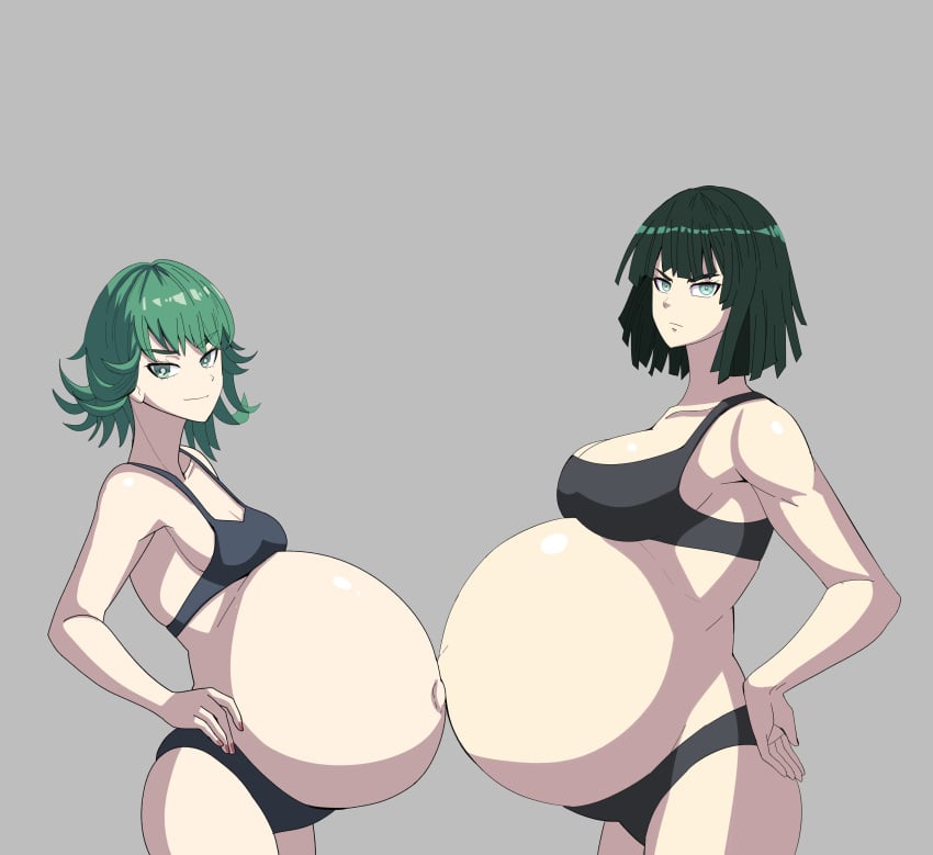 2girls belly big_belly big_breasts bra breasts cleavage female female_only fubuki_(one-punch_man) green_hair huge_breasts looking_at_viewer multiple_girls multiple_pregnancies one-punch_man pettanko pregnant pregnant_belly_to_pregnant_belly pregnant_sisters short_black_hair short_green_hair sisters small_breasts smiling_at_viewer tatsumaki yuhacyan yuhancyan