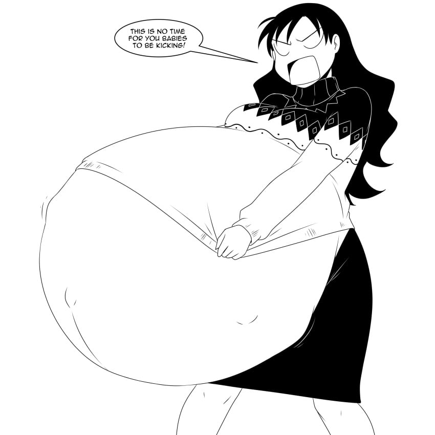 1girls about_to_burst angry_expression azumanga_daiou big_breasts clothed dialogue fetal_movement hyper hyper_pregnancy pregnant ready_to_pop solo teacher white_background yukari_tanizaki zdemian