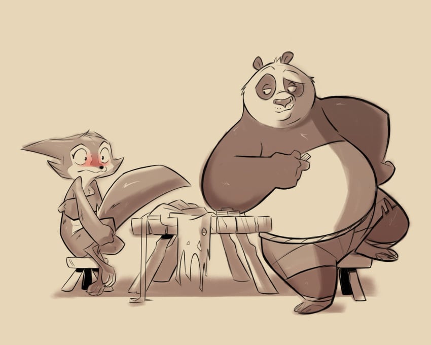 anthro bear breasts canid canine covering embarrassed female fluttershythekind fox giant_panda kung_fu_panda male master_po_ping nude sitting tagme zhen_(kung_fu_panda)