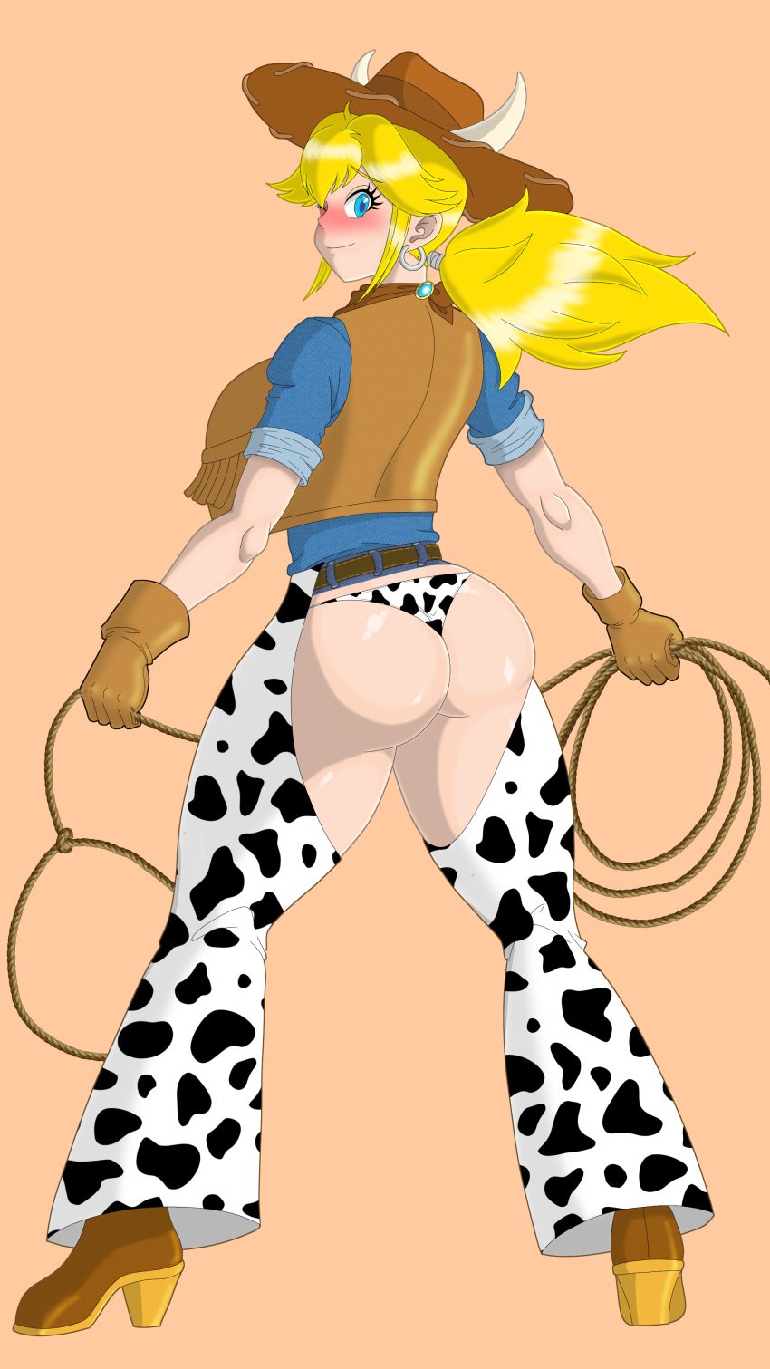 blonde_hair blue_eyes chaps cow_print cowgirl_peach female huge_ass huge_breasts looking_at_viewer mario_(series) ponytail princess_peach princess_peach:_showtime! ryle_k thick_legs