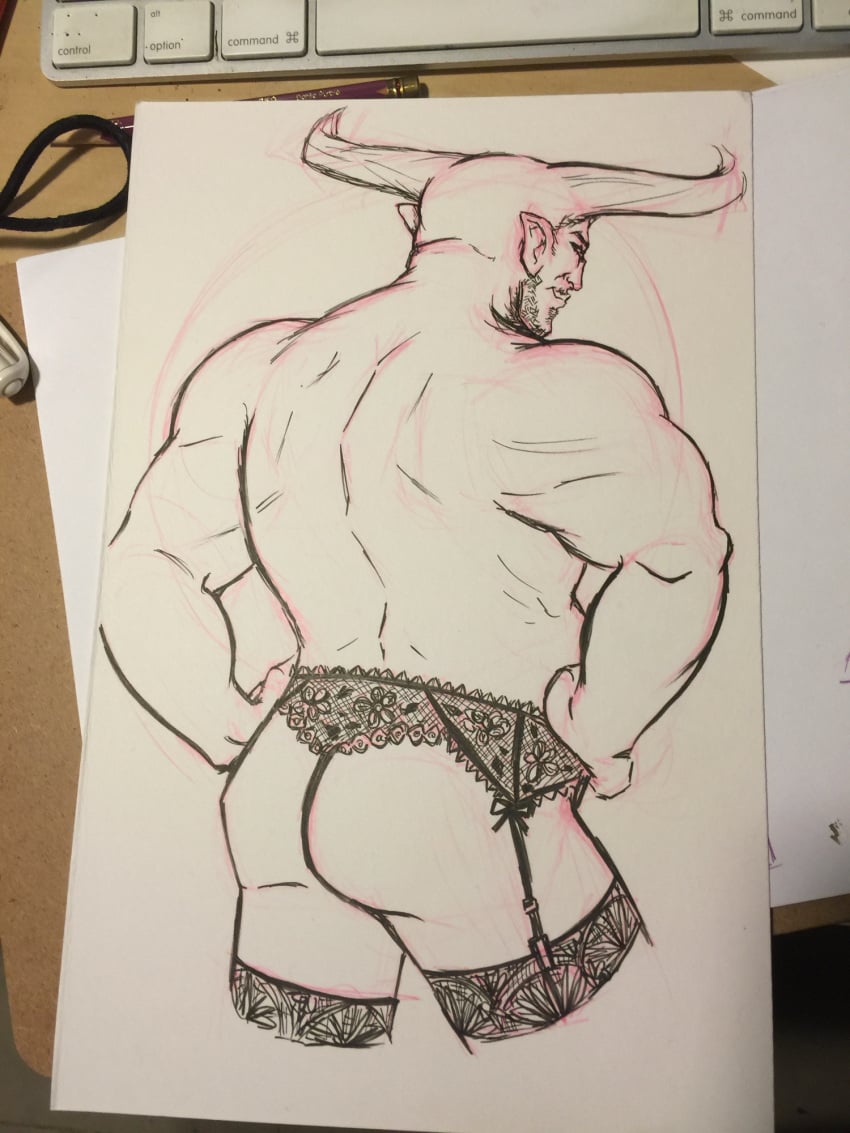 1boy dragon_age dragon_age_inquisition iron_bull lingerie looking_at_viewer looking_back_at_viewer looking_over_shoulder male_only qunari regeener sketch