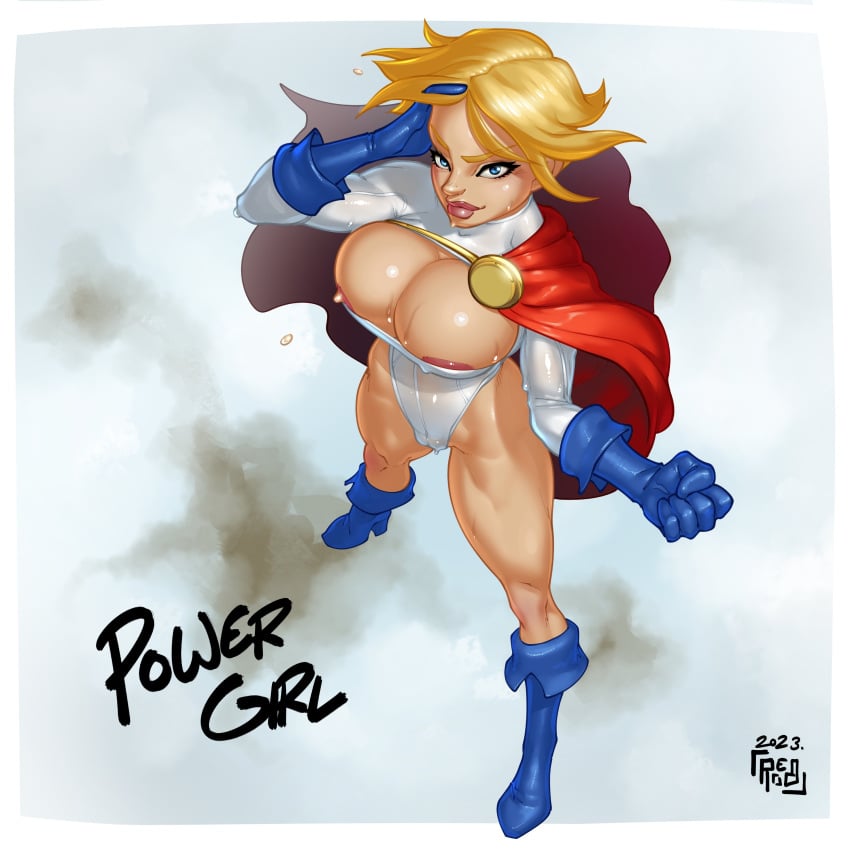 above_view areola_slip blonde_hair cape cleavage cleavage_cutout cleavage_overflow dc_comics female female_only gloves kara_zor-l karen_starr large_breasts leotard power_girl reabault revealing_clothes solo standing superman_(series) sweat tight_clothing