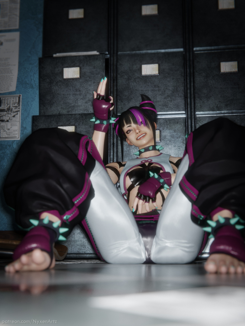 3d camera camera_flash camera_phone clothed flashlight juri_han nyxenartz sitting smile smiling street_fighter street_fighter_6