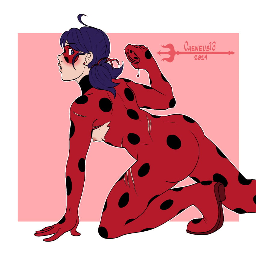 1girls 2024 2d 2d_(artwork) ahoge artist_name ass blue_eyes blue_hair blush bodysuit boobs_and_butt_pose breasts caeneus13 domino_mask exposed_breasts eye_mask female female_only fully_clothed ladybug_(character) looking_back marinette_dupain-cheng miraculous:_tales_of_ladybug_and_cat_noir miraculous_ladybug nipple pigtails rear_view solo superheroine torn_bodysuit torn_clothes torn_clothing yo-yo yoyo