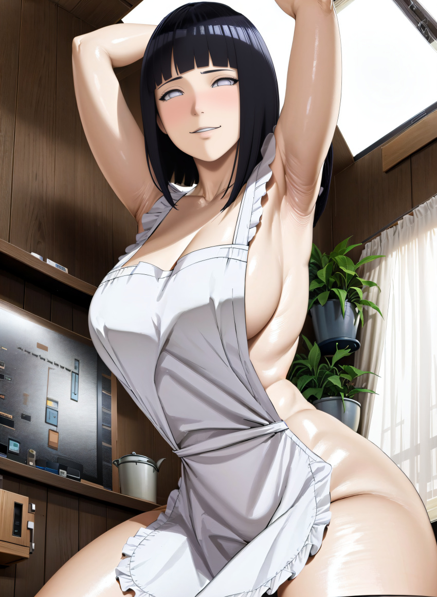 ai_generated apron_only armpit_crease armpits arms_up big_breasts blue_hair blush boruto:_naruto_next_generations byakugan clavicle cleavage hourglass_figure house housewife hyuuga_hinata looking_at_viewer mature_female mature_woman milf naruto naruto_shippuden nude_apron ready_to_fuck shiny_skin shiromi_ai short_hair sideboob slim_waist smiling_at_viewer solo_female suggestive_pose white_eyes wide_hips wife