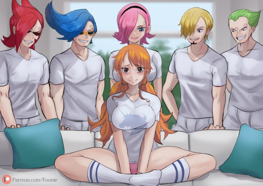 2girls 4boys big_penis blowjob blue_eyes couch female foonie_xd green_hair imminent_gangbang imminent_sex large_breasts lipstick male meme nami nami_(one_piece) one_piece orange_hair pink_hair piper_perri_surrounded post-timeskip red_hair sunglasses thick_thighs thighs vinsmoke_ichiji vinsmoke_niji vinsmoke_reiju vinsmoke_sanji vinsmoke_yonji wings yellow_hair