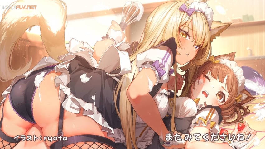 2girls azuki_(sayori) big_ass cat_ears coconut_(sayori) fishnets looking_at_viewer multiple_girls nekopara