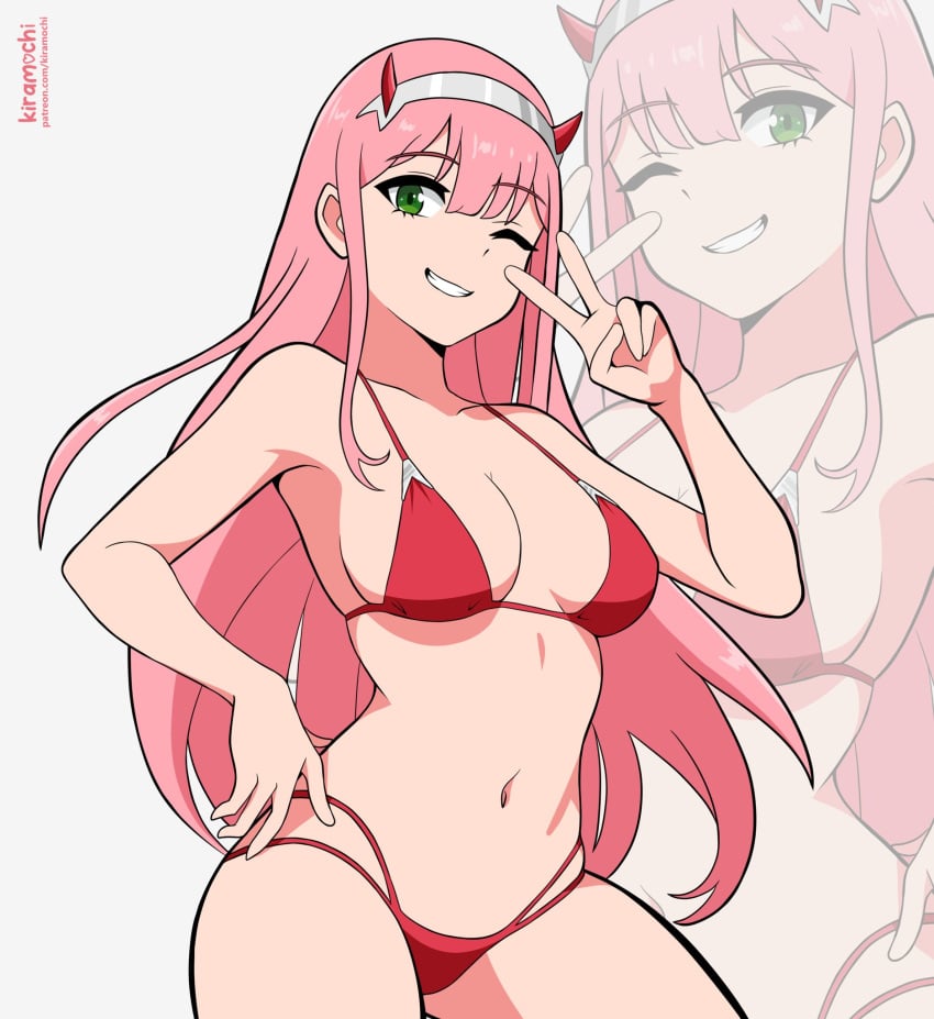 1girls bikini darling_in_the_franxx female green_eyes horns kiramochi long_hair one_eye_closed peace_sign pink_hair red_bikini solo solo_female zero_two_(darling_in_the_franxx)