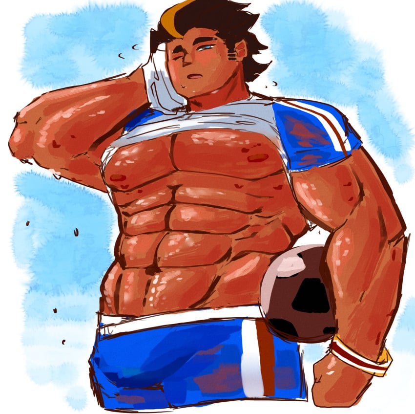 1boy abs bara bara_tiddies bara_tits barazoku choco_ball_cookie cookie_run lifting_shirt male male_only muscles muscular muscular_male soccer soccer_ball soccer_uniform sweat sweating