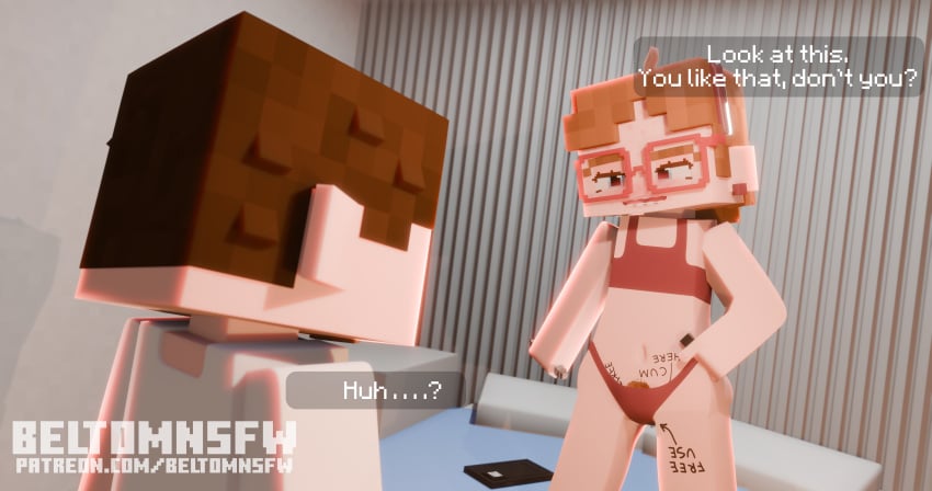 1boy 1boy1girl 1girls 3d beltomnsfw blender blue_eyes blush body_writing brown_hair detailed_background elli_(beltomnsfw) female freckles freckles_on_face glasses male mine-imator minecraft open_mouth partially_clothed pillow small_body small_breasts solo solo_female tagme text text_box text_bubble writing writing_on_body writing_on_skin young