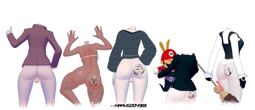 2boys 3d 3girls ass_comparison ass_focus ass_size_chart blender body_writing danganronpa danganronpa_v3 dark-skinned_female dark_skin harubug mario mario_(series) momota_kaito rantaro_amami shortstack speedrunner_mario terminalmontage toujou_kirumi yonaga_angie yumeno_himiko