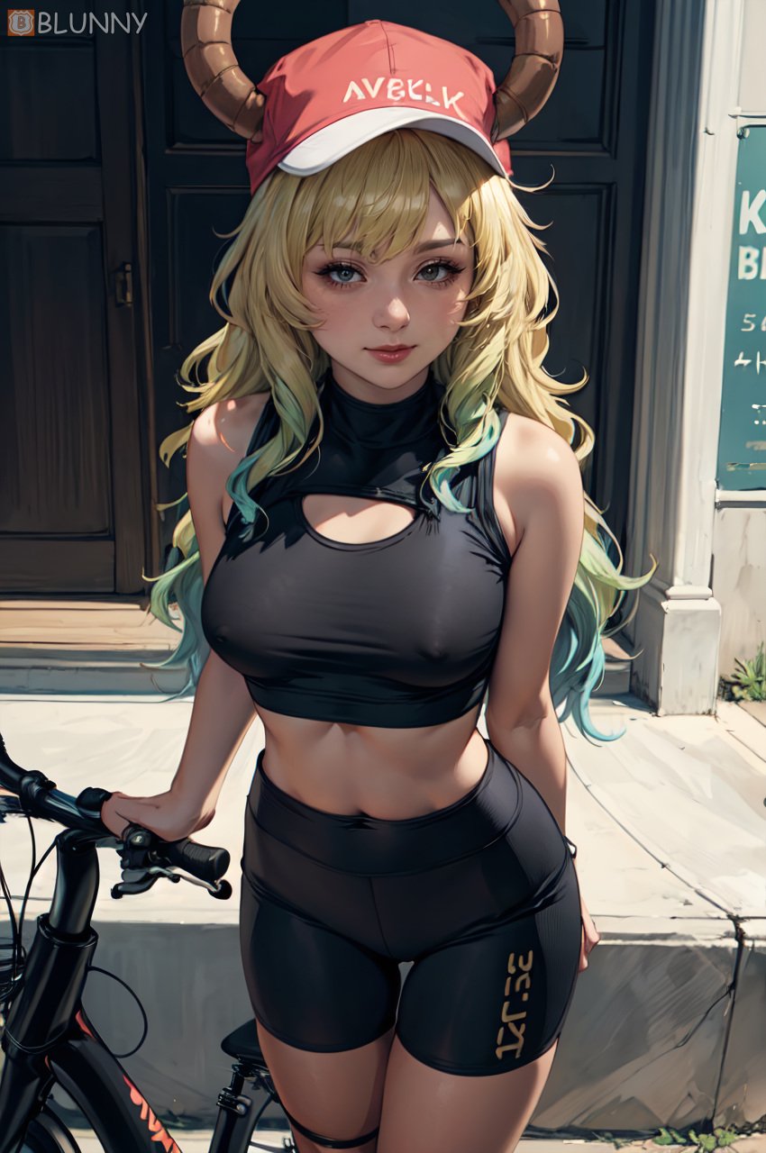 1girls ai_generated baseball_cap bike bike_shorts black_crop_top black_legwear blonde_hair blunny dragon_horns dragon_humanoid female female_only front_view gradient_hair green_hair gym hair_between_eyes hat horns kobayashi-san_chi_no_maidragon light-skinned_female light_skin long_hair looking_at_viewer lucoa lucoa_(maidragon) miss_kobayashi's_dragon_maid multicolored_hair navel quetzalcoatl_(dragon_maid) realistic small_breasts smile solo stable_diffusion standing underboob