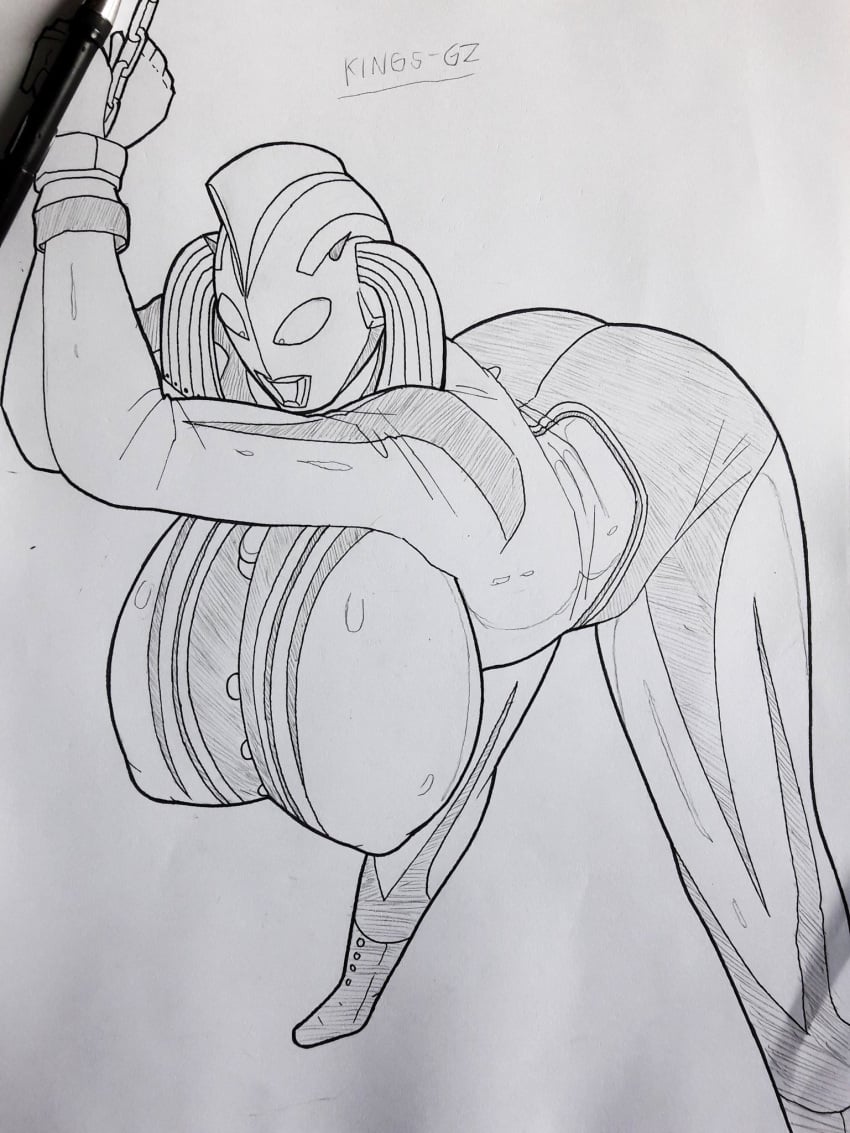 arched_back bent_over kings-gz large_breasts milf mother_of_ultra restrained thick_thighs traditional_art traditional_media_(artwork) ultraman_(franchise) ultrawoman_marie