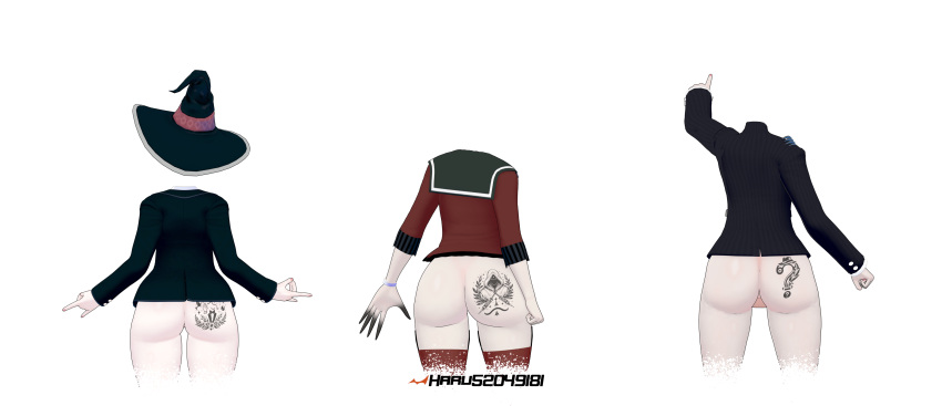 1boy 2girls 3d ass_comparison ass_focus ass_size_chart blender body_writing danganronpa danganronpa_v3 harubug harukawa_maki saihara_shuuichi shortstack yumeno_himiko