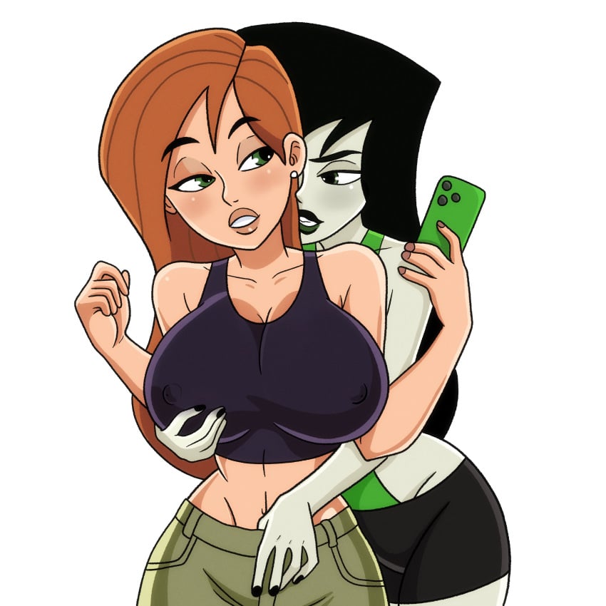 2girls big_breasts breast_grab curvaceous curvy curvy_body curvy_female curvy_figure disney disney_channel female female/female female_only gym_clothes gym_uniform hand_in_pants huge_breasts kim_possible kimberly_ann_possible large_breasts lesbian love midriff multiple_girls pale-skinned_female phone red_hair satsufumi shego smartphone sports_bra sports_shorts sweat voluptuous voluptuous_female white_background yuri