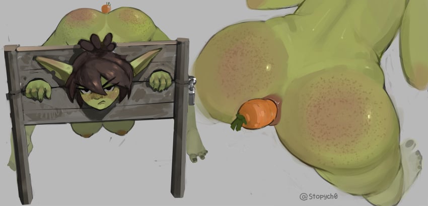 angry_eyes anus ass big_breasts breasts carrot carrot_dildo female flogging food freckles green_body hi_res humanoid improvised_sex_toy plant puffy_anus solo stocks stopych vegetable vegetable_dildo