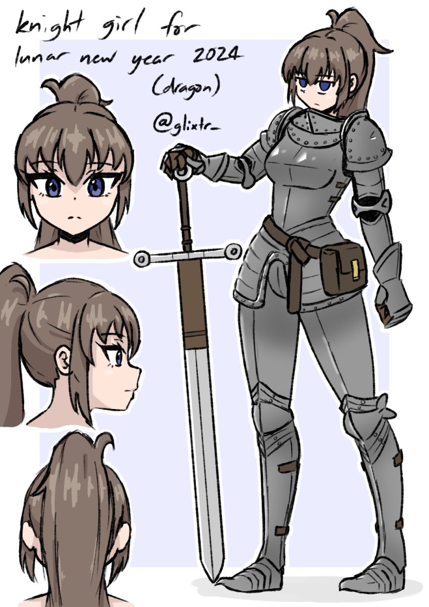 1girls armor blue_eyes breasts brown_hair character_sheet glixtr greatsword knight light_skin medieval medieval_armour pre-transformation reference_sheet sword thick_thighs transformation weapon wide_hips