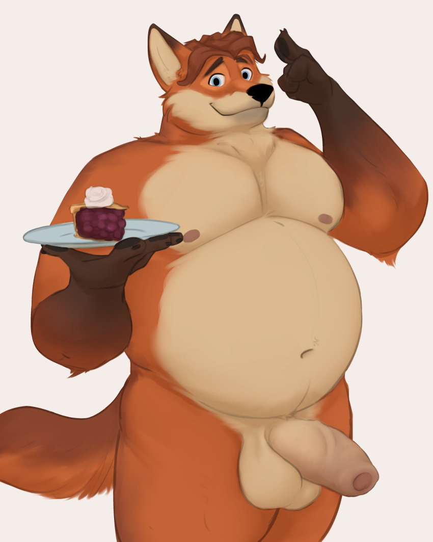 1boy 1male 2024 absurd_res anthro balls belly black_nose canid canine disney food fox genitals gideon_grey hi_res male male_focus male_only mammal moobs mosin navel nipples overweight overweight_male pastry penis pie simple_background solo zootopia