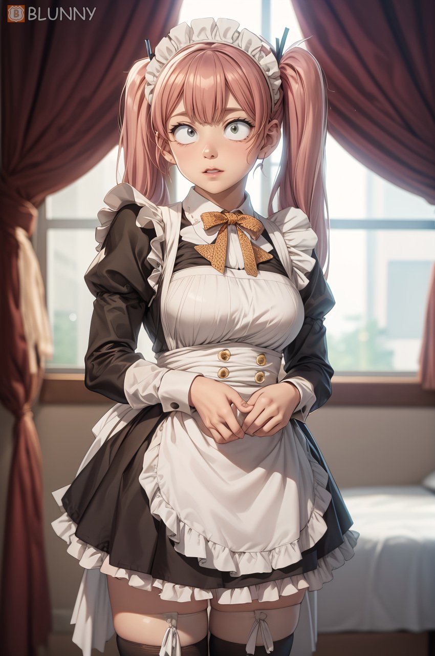 1boy 3d ai_generated androgynous blunny breasts brown_eyes clothing crossdressing cute female female femboy feminine_male komi-san_wa_komyushou_desu looking_at_viewer maid maid_headdress maid_uniform male pink_hair realistic skirt solo_female solo_male stable_diffusion standing tadano_hitohito trapdano