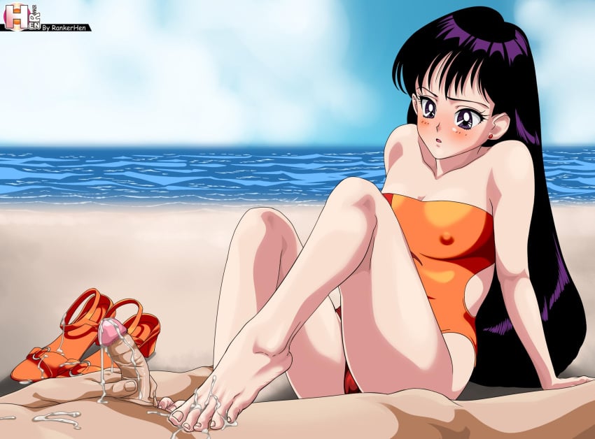 1boy 1boy1girl 1girls barefoot bikini bishoujo_senshi_sailor_moon black_hair cum cum_in_shoe cum_on_feet cum_on_shoes cum_on_toes erect_nipples erect_penis erection feet female foot_fetish footjob human human_only long_hair male one-piece_swimsuit partial_male penis penis_grab rankerhen rei_hino sand sea seaside small_breasts soles swimsuit tagme toes uncensored variant