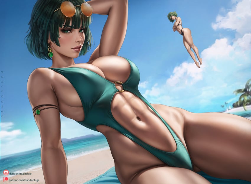 2girls abs bare_arms bare_legs bare_shoulders bare_thighs beach big_breasts bikini bikini_bottom bikini_top blush clothed clothing color dandon_fuga deviantart_link female female_focus female_only fit_female fubuki_(one-punch_man) green_eyes green_hair hi_res jewelry large_breasts light-skinned_female light_skin looking_at_viewer muscles muscular muscular_female one-punch_man sand sea short_hair solo_female sunglasses tagme tatsumaki thick_thighs water