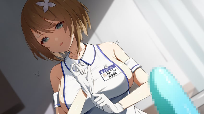 absurdres adjusting_clothes adjusting_gloves aogiri_koukou breasts brown_hair censored collarbone collared_dress dress female flower gloves green_eyes hair_flower hair_ornament highres id_card kkix25 kurikoma_komaru large_breasts mosaic_censoring motion_lines nurse parted_lips penis shadow short_hair sleeveless sleeveless_dress solo taut_clothes taut_dress virtual_youtuber white_dress white_flower white_gloves