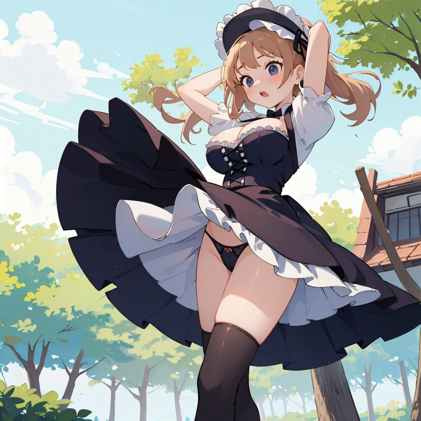 1girls accidental_exposure ai_generated arms_behind_head arms_up bare_tree big_breasts big_breasts black_clothing black_dress black_legwear black_panties blonde_hair blue_eyes blue_sky blush blush blushed bow branch breasts breasts building bush cleavage clouds cloudy_sky corset day dress female female female_focus female_only forest forest_background frills girl goth goth_girl gothic gothic_lolita gradient_sky hat house leaf leaves leaves_in_wind lolita_fashion lolita_hairband long_hair long_skirt maid nature open_mouth outdoors panties plants puffy_short_sleeves red_bow shocked shocked_expression shocked_eyes short_sleeves skirt skirt_lift skirt_up sky solo solo_female solo_focus standing surprised thighhighs thighs tree trees underwear wind wind_lift