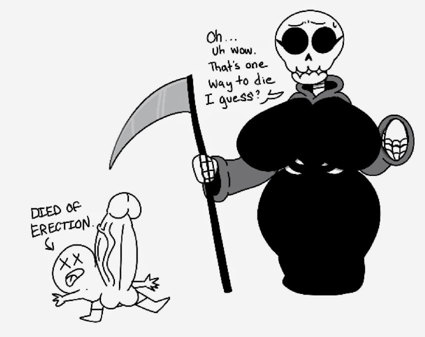 1female big_ass big_breasts big_penis bigger_female bruh bruh_moment clothed death_(personification) eyelashes female funny greyscale grim_reaper height_difference huge_breasts huge_cock humor monochrome mythology penis public_domain scythe skeleton skeleton_girl smaller_male taller_female theslashfive thick_ass thick_thighs