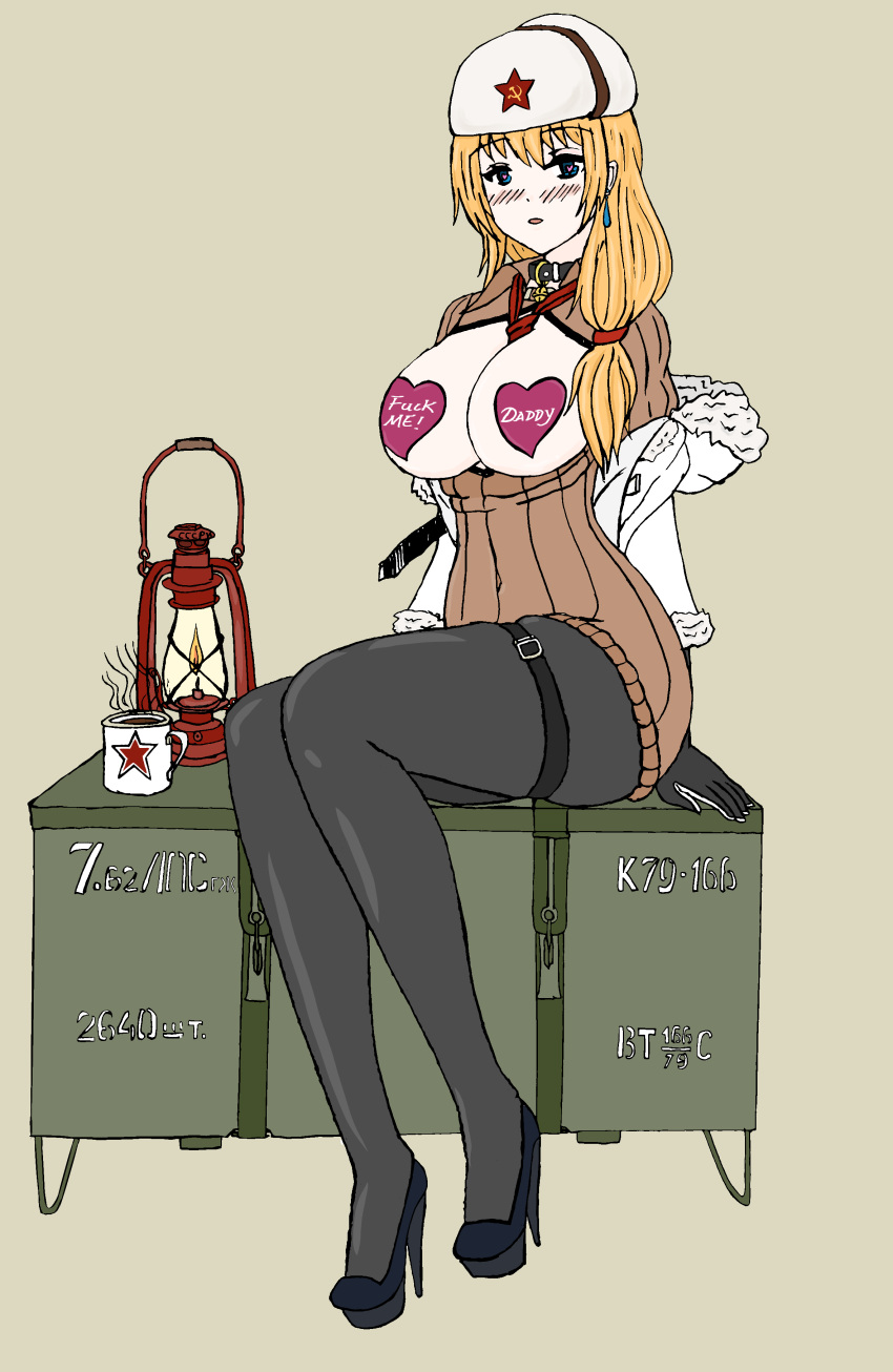 ammo_crate blonde_hair blue_eyes blush breasts_out_of_clothes coat_removed coffee_mug collar girls'_frontline heart-shaped_pupils high_heels large_breasts mosin-nagant_(girls'_frontline) oil_lamp pantyhose pasties platform_heels side_ponytail sweater sweater_dress ushanka wide_hips