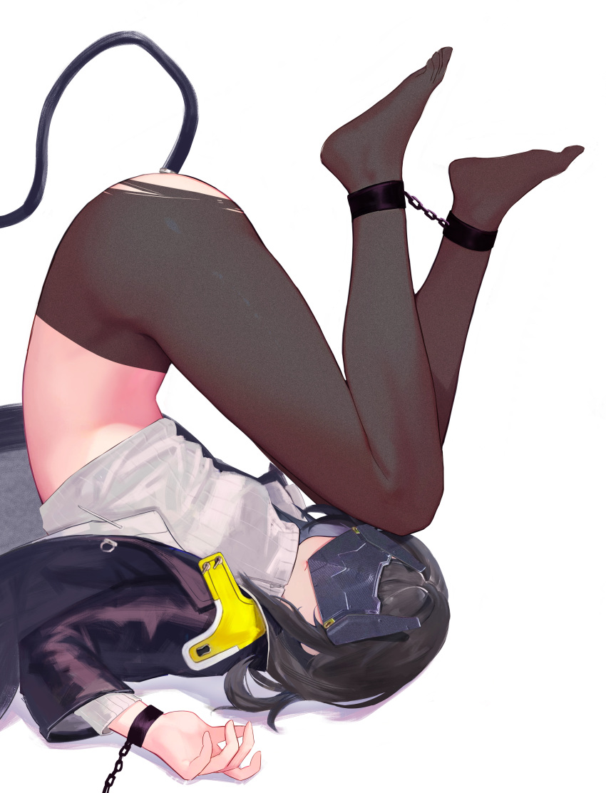 absurdres anal anal_object_insertion arknights arknights:_endfield black_hair black_jacket black_pantyhose bound bound_ankles bound_wrists buttplug buttplug_tail c1718259 cuffs eye_mask facing_viewer female female_endministrator_(arknights) highres jacket layered_sleeves long_sleeves object_insertion open_clothes open_jacket pantyhose sex_toy shackles shirt short_hair simple_background solo tail thighs torn_clothes torn_pantyhose upside-down white_background white_shirt