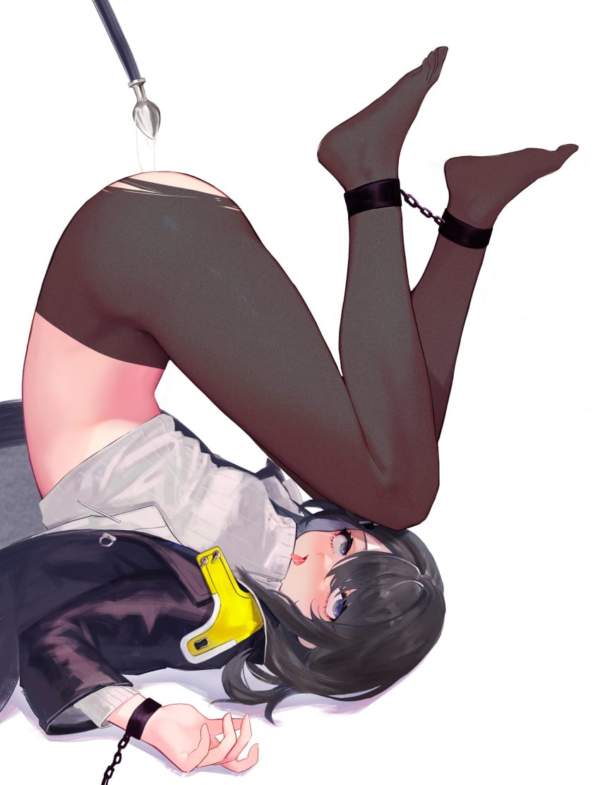 absurdres after_anal anal arknights arknights:_endfield black_hair black_jacket black_pantyhose blue_eyes bound bound_ankles bound_wrists buttplug buttplug_pull buttplug_tail c1718259 cuffs female female_endministrator_(arknights) highres jacket layered_sleeves long_sleeves open_clothes open_jacket open_mouth pantyhose rolling_eyes saliva sex_toy shackles shirt short_hair simple_background solo tail thighs tongue tongue_out torn_clothes torn_pantyhose upside-down white_background white_shirt