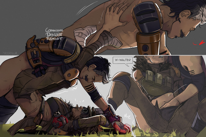 2boys apex_legends bloodhound_(apex_legends) fuse_(apex_legends) gay gay_sex male/male male_penetrated male_penetrating mating_press nessepack outdoors outside partially_clothed prosthetic scratches