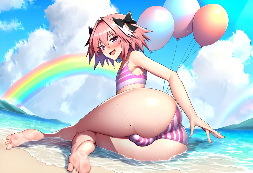 1boy ai_generated ass ass_focus astolfo_(fate) balloon beach big_ass big_butt bulge fate/apocrypha fate/grand_order fate_(series) femboy girly laying_on_side male male_only novelai ocean pier pink_eyes pink_hair pov rainbow shorts smile smiling smiling_at_viewer striped_panties wet wet_clothes