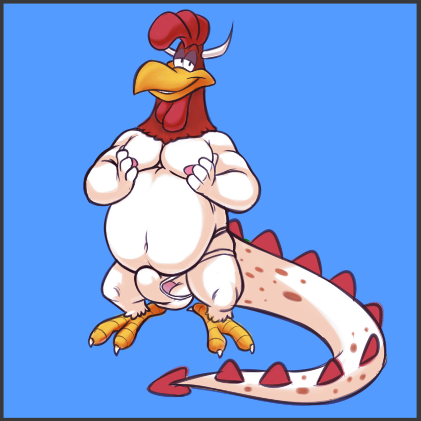 anthro avian balls bedroom_eyes belly big_belly bird chicken clothed clothing dragon erection erection_under_clothing foghorn_leghorn galliform gallus_(genus) genitals hi_res horn hybrid looking_at_viewer looney_tunes male moobs narrowed_eyes navel nipples overweight penis phasianid seductive smile solo tenderule34 tenting warner_brothers