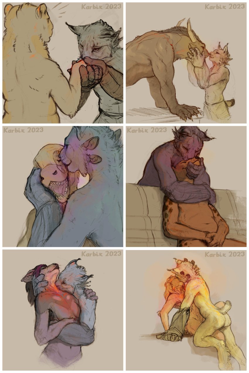 2023 ambiguous_gender canid canine capybara caviid charr dinosaur dromaeosaurid duo embrace felid feline female french_kissing guild_wars hi_res hug karbik_(artist) karbik_(fursona) kissing kissing_cheek kissing_hand kissing_neck lynx male male/ambiguous male/female male/male mammal multiple_images reptile rodent scalie theropod