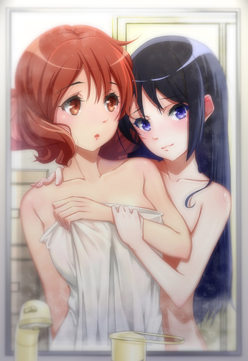 2girls absurdres atom_b black_hair blue_eyes brown_eyes brown_hair closed_mouth collarbone completely_nude hair_between_eyes head_tilt hibike!_euphonium highres kousaka_reina long_hair mirror multiple_girls naked_towel nude oumae_kumiko smile straight_hair towel upper_body very_long_hair white_towel yuri