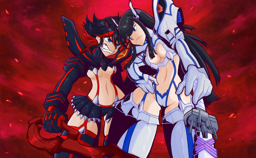 2girls black_hair blue_eyes catfight female female_only foreheads_touching from_below junketsu kill_la_kill kiryuuin_satsuki matoi_ryuuko multiple_girls rnp senketsu staredown sword