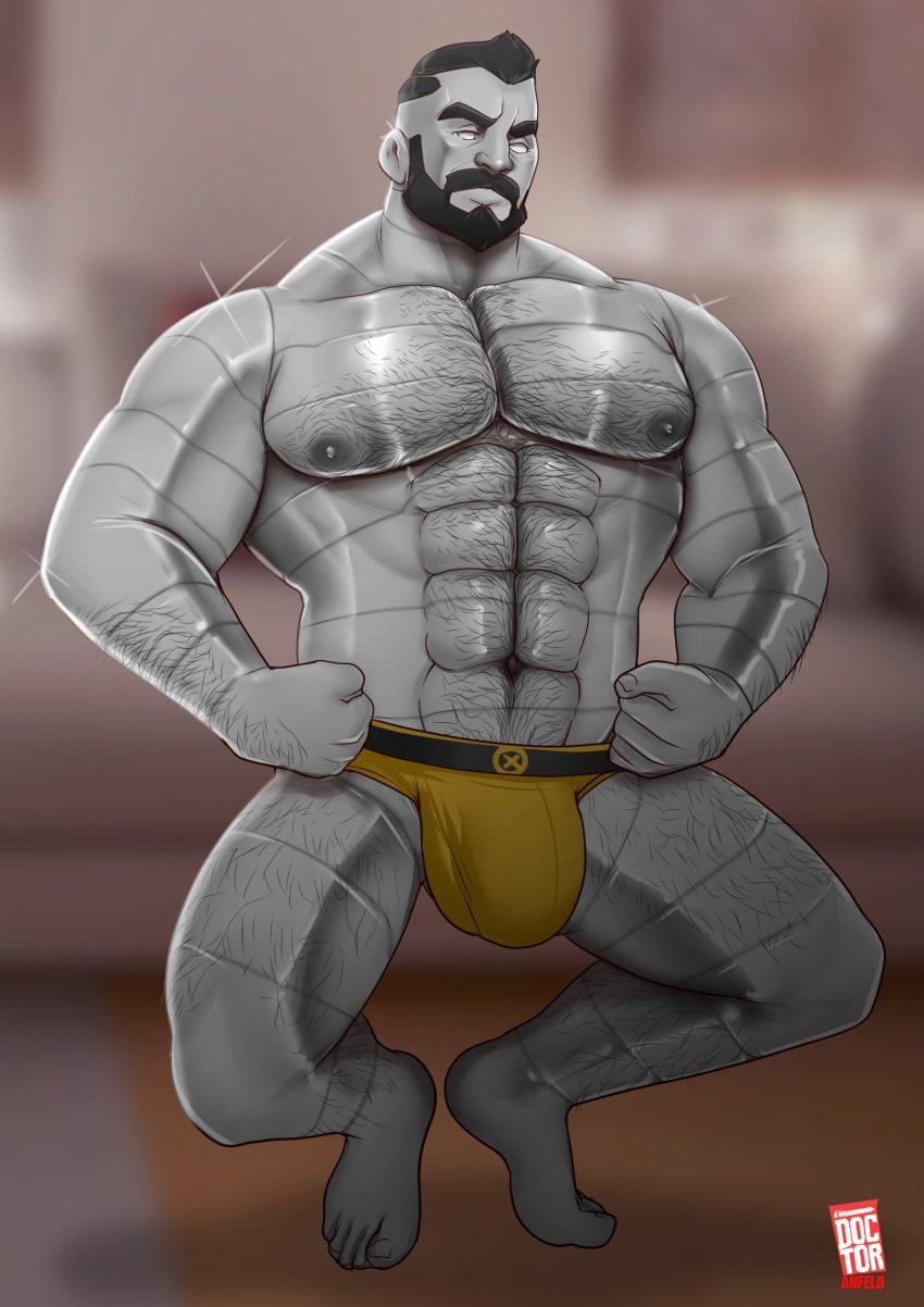 balls bara beard body_hair bulge colossus doctor_anfelo facial_hair male male_only marvel marvel_comics metallic_body muscles muscular penis solo solo_male squatting underwear underwear_only x-men