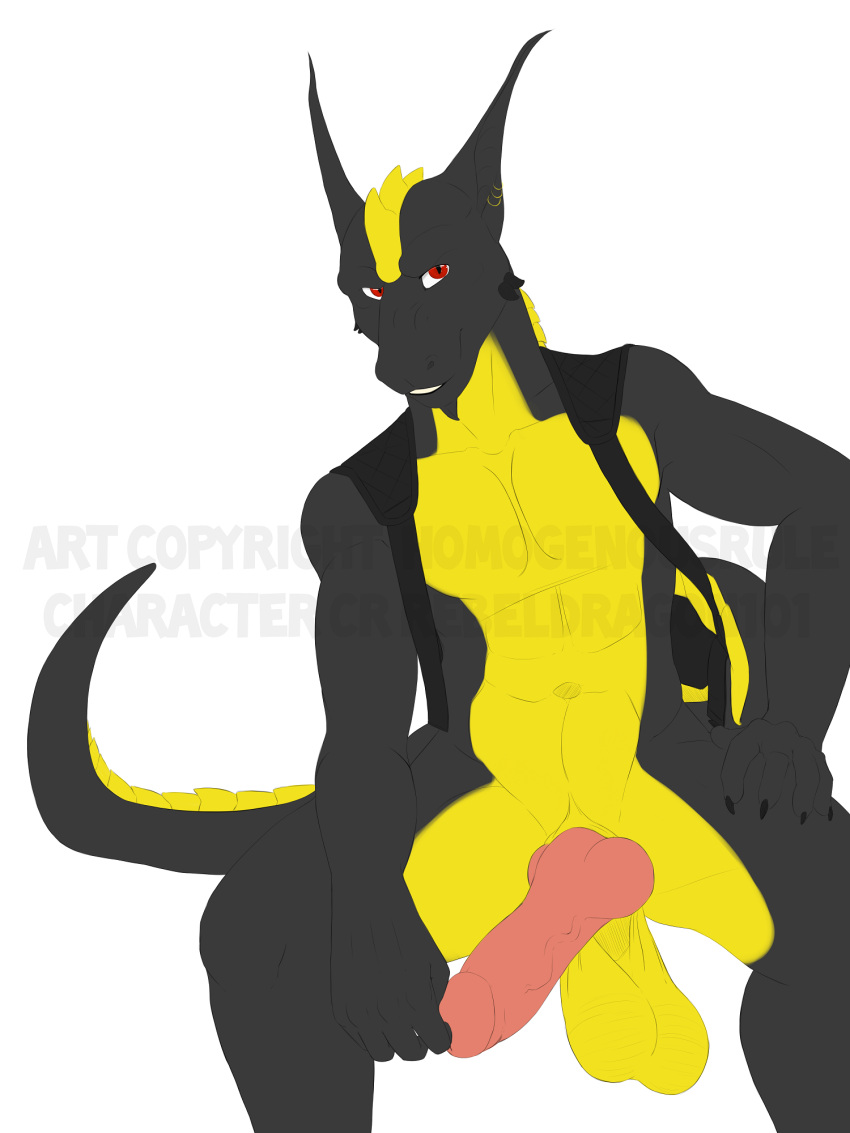 abs animal_genitalia anthro balls belly big_balls dragon ear_piercing ear_ring erection ernesto_(rebeldragon101) genitals hi_res homogenousrule knot looking_at_viewer male navel nude pecs penis piercing ring_piercing saggy_balls sheath sheath_pulled_back solo