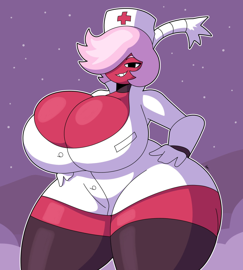 big_breasts black_thighhighs breasts cheri_(dorahden) crop_top dorahden hair_covering_eye halloween halloween_costume hands_on_hips huge_breasts nurse_uniform smug_face thick_thighs white_gloves wide_hips