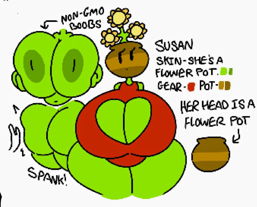 anthro bad_anatomy big_ass big_breasts boob_window character_sheet clothed female female_only flower flowerpot green_skin huge_ass huge_breasts mob_face no_bra nude o.o oc plant plant_girl spanking sunflower theslashfive