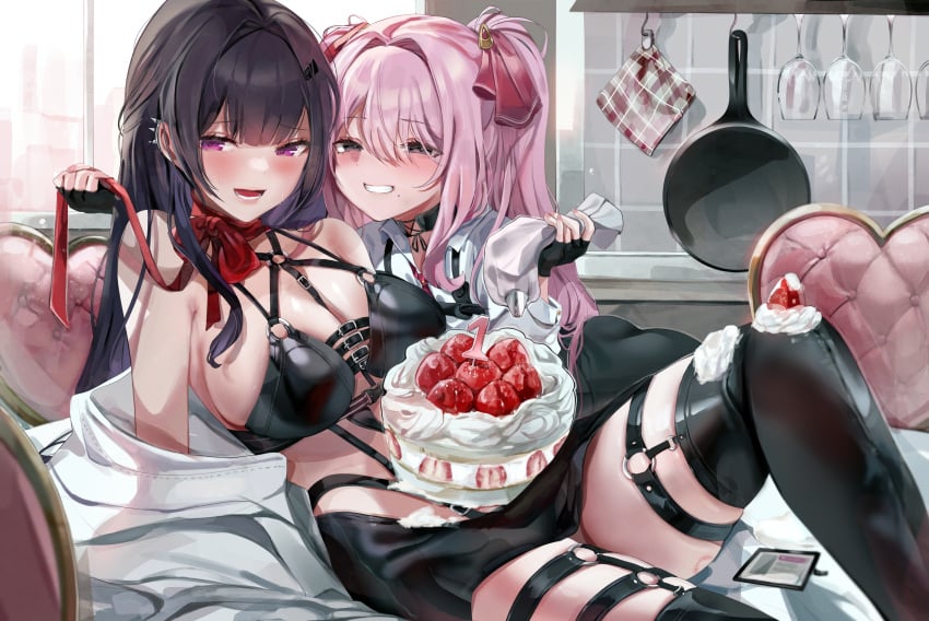 2girls :d ass baking bikini black_bikini black_gloves black_skirt blush boots breasts cake cleavage coat collared_shirt dolechan female fingerless_gloves food gloves goddess_of_victory:_nikke grin hair_ribbon large_breasts leather_bikini leather_skirt long_hair lying mihara_(nikke) miniskirt mole mole_under_mouth multiple_girls necktie off_shoulder on_back open_mouth pencil_skirt pink_hair pink_ribbon purple_eyes red_necktie revealing_clothes ribbon shirt sidelocks skirt smile swimsuit thigh_boots twintails white_coat white_shirt yuni_(nikke)