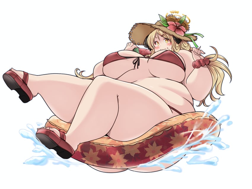 1girls 2023 absurd_res bbw belly bikini blonde_hair blue_archive breasts chubby chubby_female fat female female_focus gehenna_academy_student gourmet_research_society_(blue_archive) horns huge_belly huge_breasts innertube izumi_(blue_archive) izumi_(swimsuit)_(blue_archive) kurocaze long_hair overweight plump solo solo_female solo_focus straw_hat swimsuit voluptuous